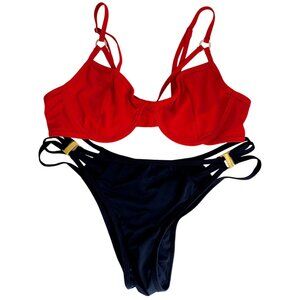 Strappy Bikini Set Red & Black Underwire Top Adjustable Straps Gold Accents